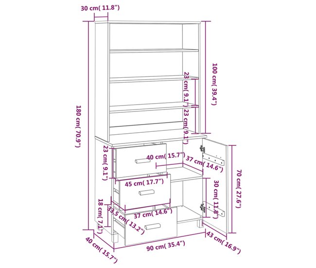 Aparador buffet cómoda armario mueble organizador cocina salón salón Cinza/ Madeira