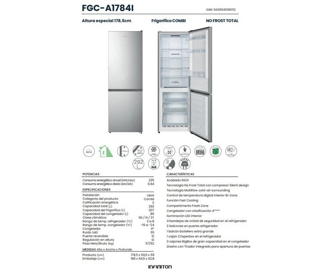 Frigorífico combinado Infiniton FGC-A1784I, 292 l, No Frost Total Inoxidavel