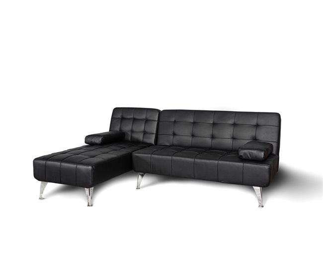 Sofá-cama com chaise longue e mesa de apoio Preto