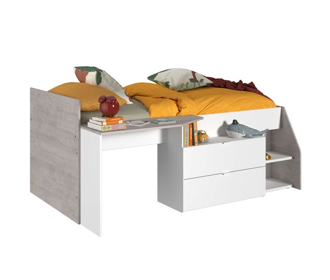 Cama infantil Valky com escrivaninha e 2 gavetas 203x135 Branco/cinza