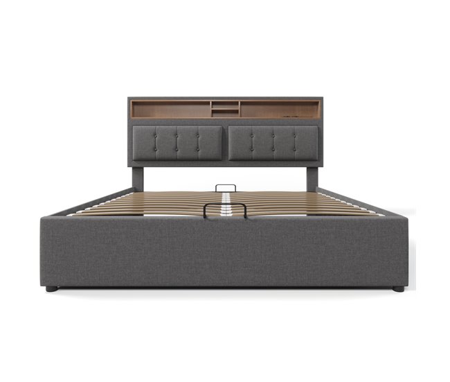Cama estofada 160x200 - cama juvenil com função de carregamento usb c, cabeceira e estrutura em linho - bege
