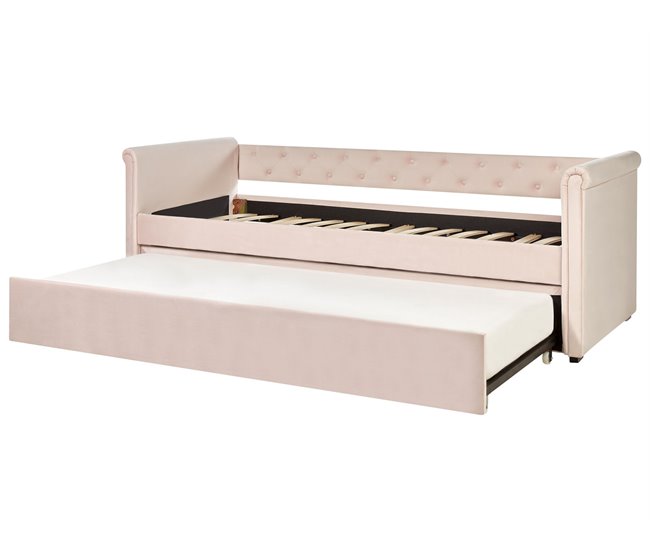 Beliani Cama com estrado Veludo LIBOURNE 102x220 Rosa Talco