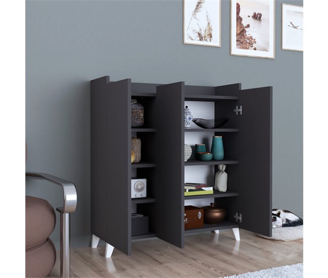 Aparador Sirdal com 3 portas e 8 compartimentos em aglomerado 90 Antracite