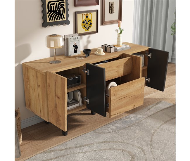 Aparador de painel de partículas com 4 portas e 2 gavetas Preto/ Madeira