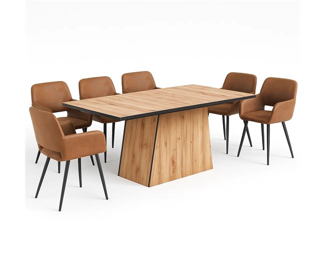 Jogo de jantar com mesa efeito madeira e 6 cadeiras estilo industrial