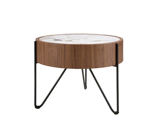 ANGEL CERDA Mesa de canto redonda em mármore porcelânico, nogueira e aço preto Branco/ Madeira