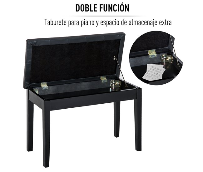 Banco de Piano Madeira de Borracha e Couro Sintético HOMCOM Preto