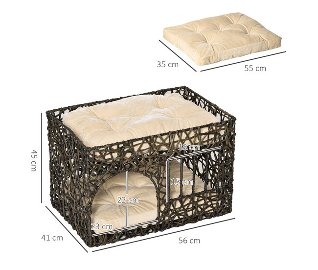 Cesta de Vime para Gatos Metal, Vime PE e Algodão PP PawHut Castanho