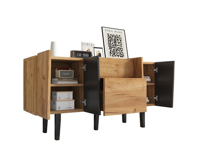 Aparador de painel de partículas com 4 portas e 2 gavetas Preto/ Madeira