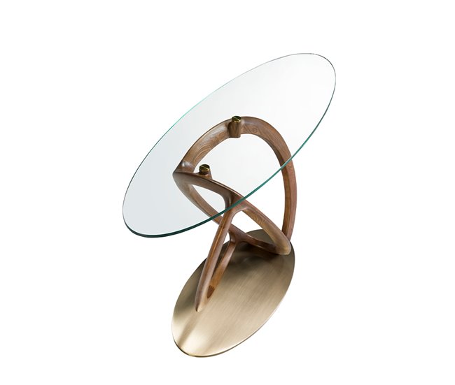 Consola oval vidro temperado oval, nogueira e aço polido dourado Nogal