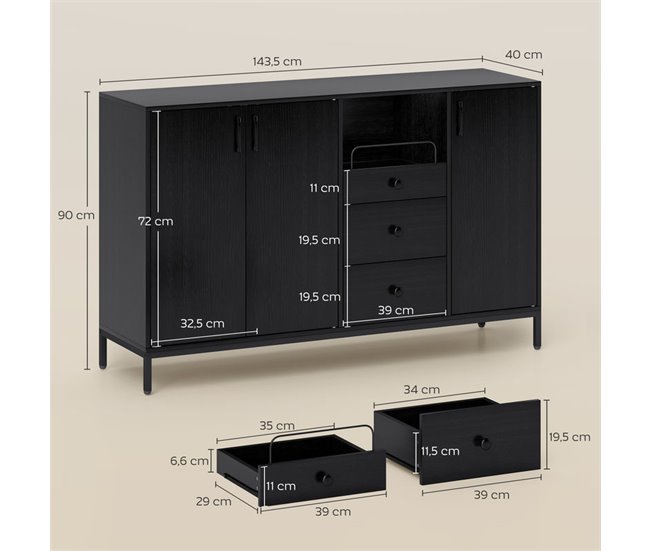 Aparador para Sala Melamina de Madeira, Metal HOMCOM Preto