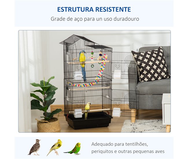 Gaiola para Passáros Aço, PP e Madeira Mixta PawHut Preto