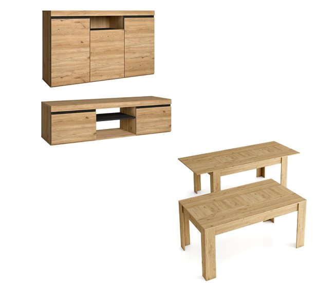 Aparador, mesa de centro, televisor 140 Carvalho