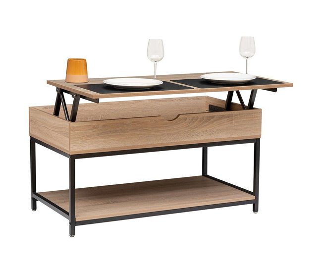 Mesa de centro elevatória Aliaj com compartimento interno Preto/ Madeira