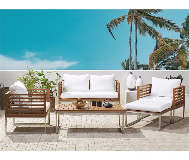 Beliani Conjunto lounge Madeira de acácia BERMUDA Branco/ Bege