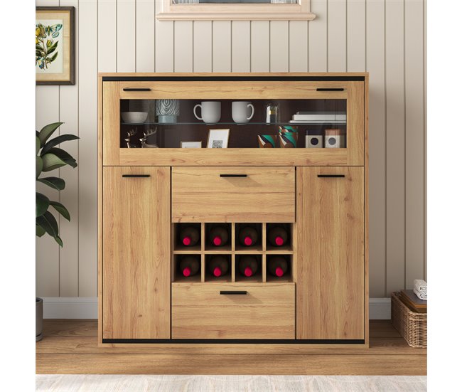 Aparador de painel de partículas com 3 portas e 2 gavetas Natural