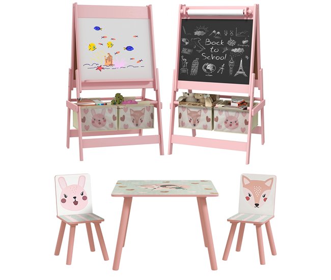 Conjunto de mesa e cavalete para crianças mdf e madeira de pinho 60x60