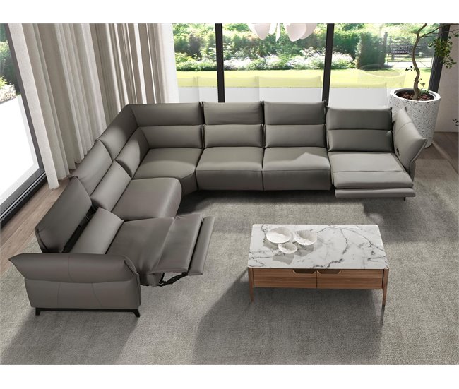 ANGEL CERDA Sofá de canto modular relax em pele cinzenta escura Cinza