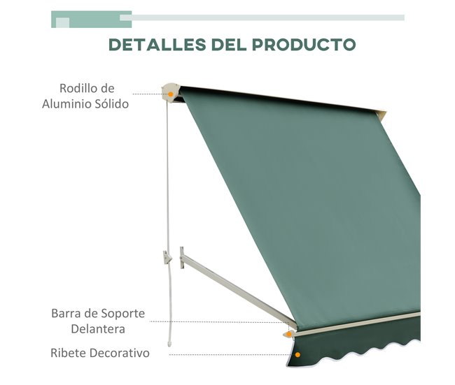 Toldo Manual Retrátil Aluminio e Poliéster Outsunny 180x70 Verde