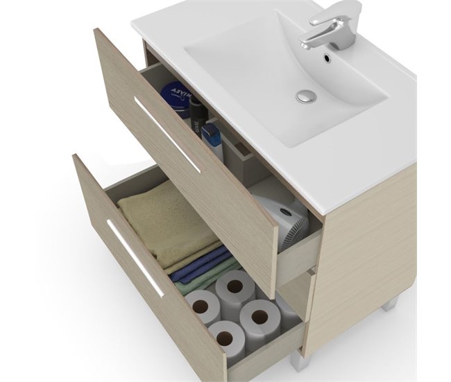 Armário de casa de banho com espelho Feel 3 gavetas 80 Branco/ Madeira