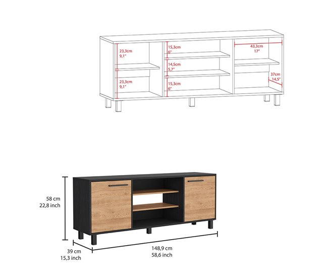 Mesa de TV Kaia com arrumação multimédia Preto