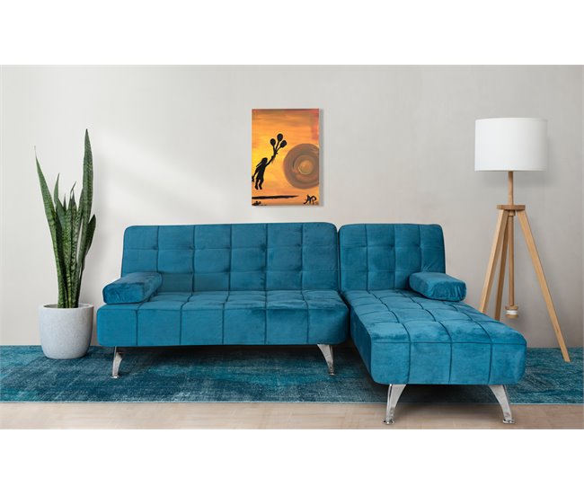 Sofá-cama com chaise longue e mesa de apoio Azul