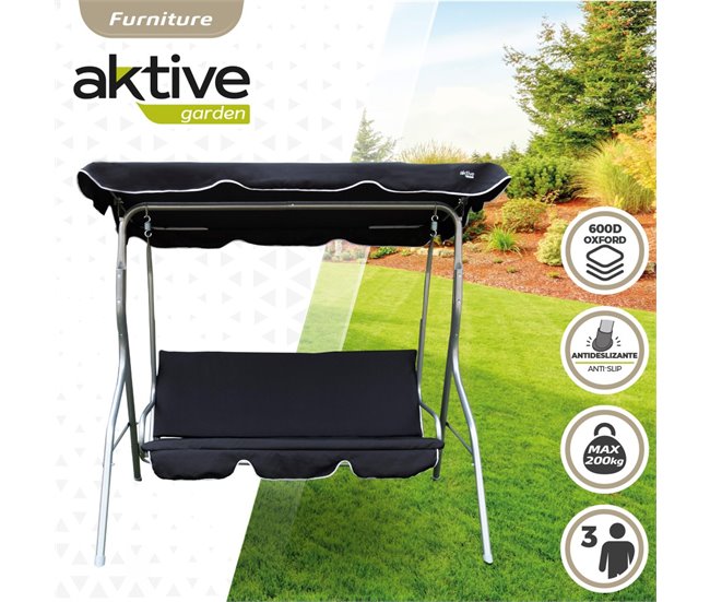 Cadeira de baloiço de jardim preta com capota basculante de 3 lugares Aktive Preto