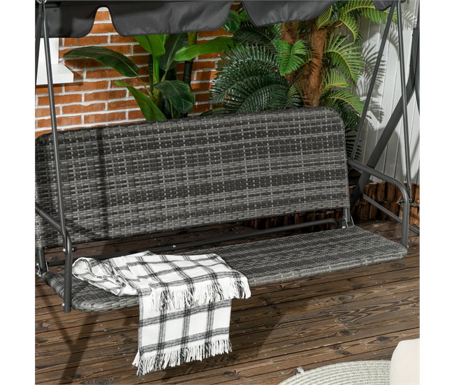Baloiço de Jardim 3 Lugares Aço, Vime PE e Poliéster Outsunny Cinza