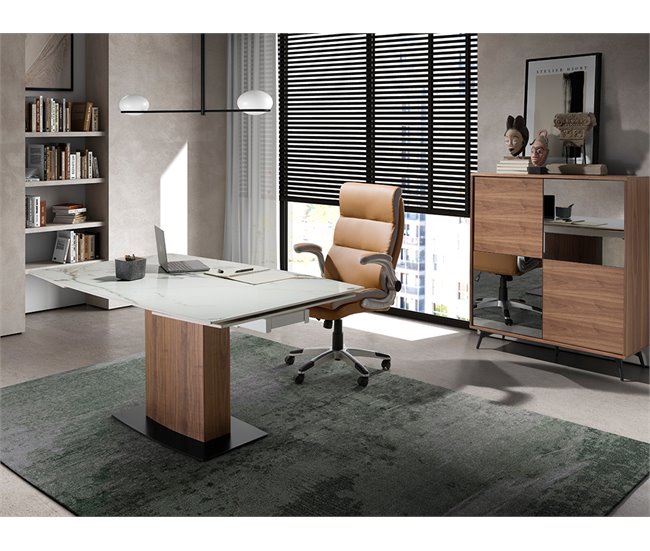 ANGEL CERDA Mesa de jantar extensível barril oval mármore porcelânico e nogueira 240x100 Nogal