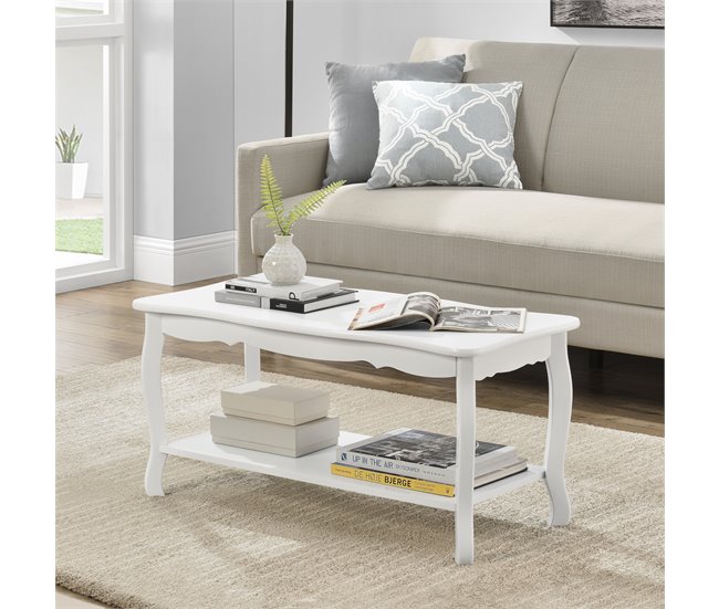 Mesa de centro Pearl Vintage com MDF lacado e prateleira de pinho Branco