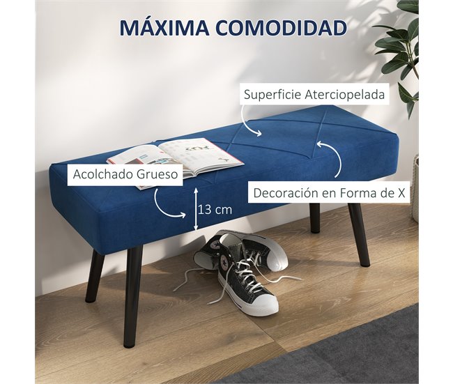 Banco de Pé de Cama Aço, Espuma e Poliéster HOMCOM, casa - quarto Azul