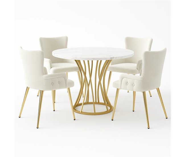 Jogo de jantar com mesa efeito mármore e 2 cadeiras de veludo