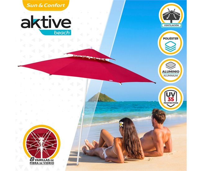 Guarda-sol octogonal de com teto duplo e proteção UV35 + Aktive Beach Vermelho
