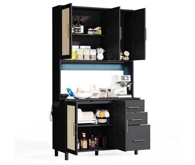 Vitrine alta em efeito madeira e rattan com tomadas integradas Preto/ Madeira