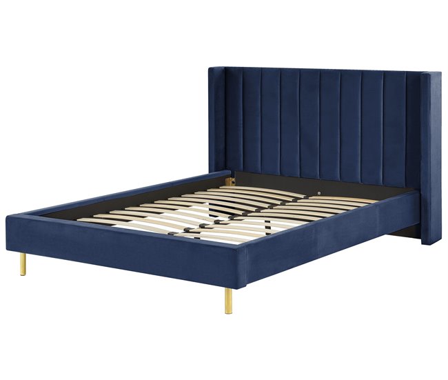 Beliani Cama com estrado Veludo VILLETTE Azul Marino