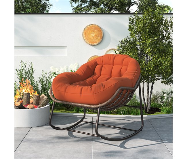 Cadeira de balanço de rattan para exterior, almofada Bege