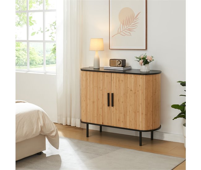 Armário lateral Tvedestrand 2 portas de correr [en.casa] 100 Preto/ Madeira