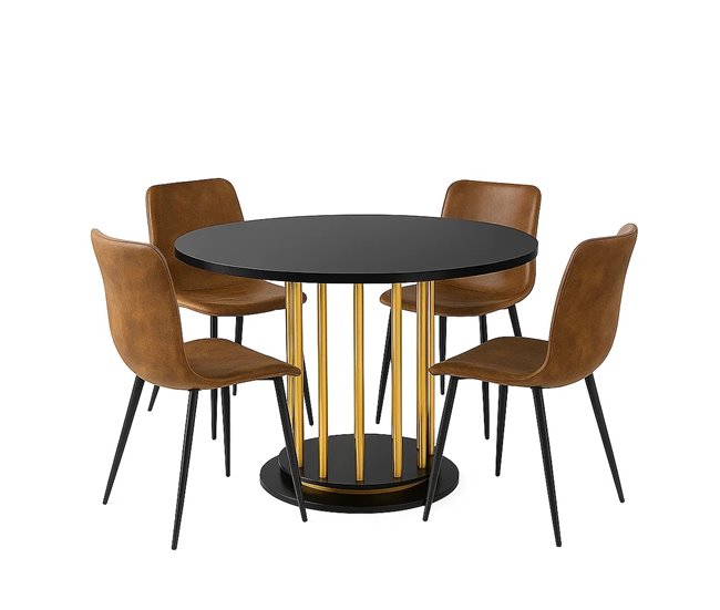 Conjunto mesa redonda mármore preto ø110 cm + 4 cadeiras vintage