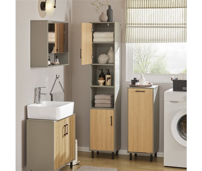 Armário de casa de banho alto com 2 portas BZR131-NG SoBuy Cinza