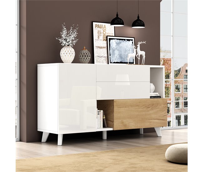 Aparador de painel de partículas com 2 portas e 2 gavetas Branco/ Madeira