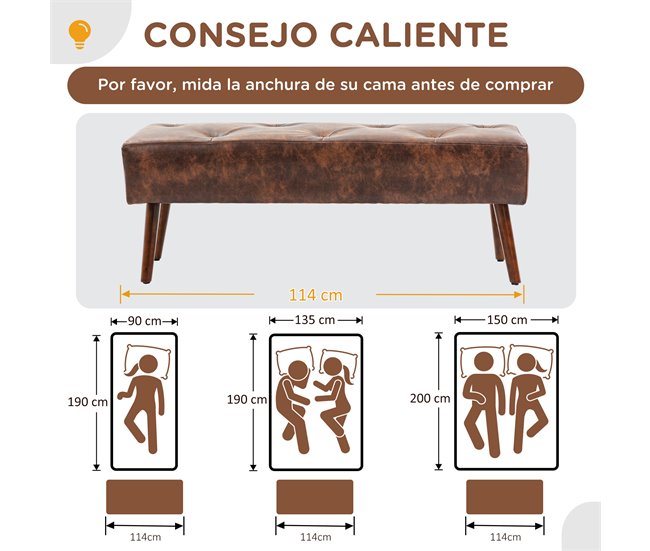 Banco Pé de Cama PU, Espuma e Madeira de Borracha HOMCOM Castanho