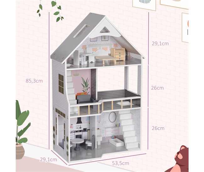 Casa de Bonecas MDF e Madeira de Pinho AIYAPLAY Cinza
