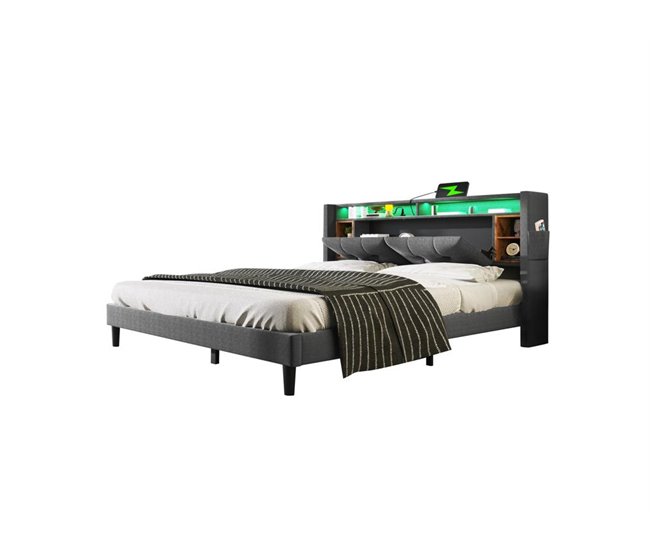 Cama de casal de madeira maciça 160x200cm com luz led,cinzento