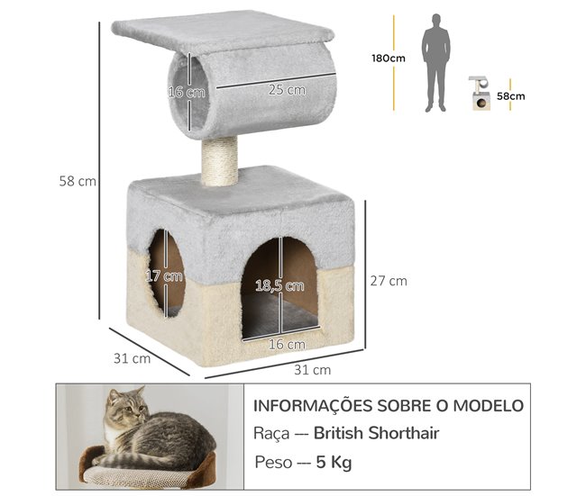 Árvore Arranhador para Gatos Aglomerado de Madeira e Pelúcia Cinza