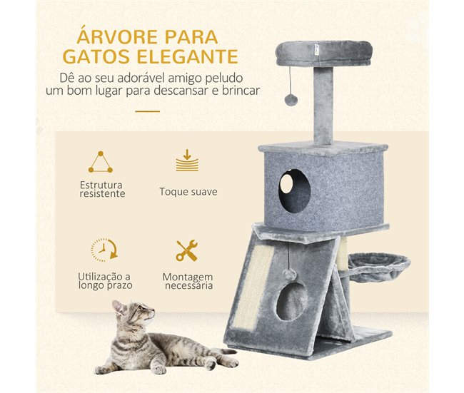 Árvore para Gato Aglomerado, Pelúcia, Tecido de Feltro e Sisal Cinza