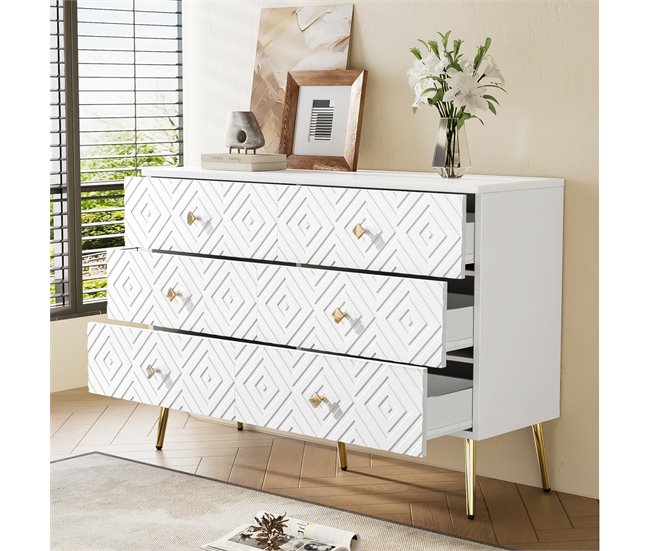 Aparador de 6 gavetas com motivos geométricos e pés 120 Branco