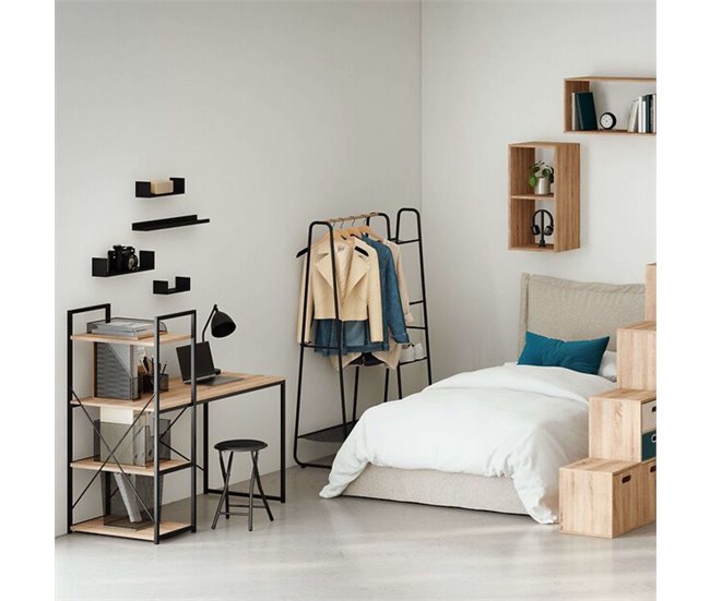 Mesa de escritório com prateleira 3 prateleiras Aço Estilo Industrial Preto/ Madeira