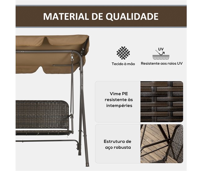 Baloiço de Jardim 3 Lugares Aço, Vime PE e Poliéster Outsunny Castanho