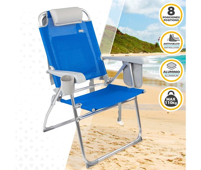 Cadeira de praia dobrável super resistente com almofada, saco e bolso 47x63x99 cm Aktive Azul