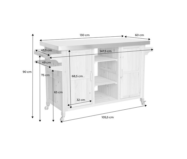 Cozinha exterior em madeira de abeto de 130 cm com pegas, 4 rodas 147 Madeira